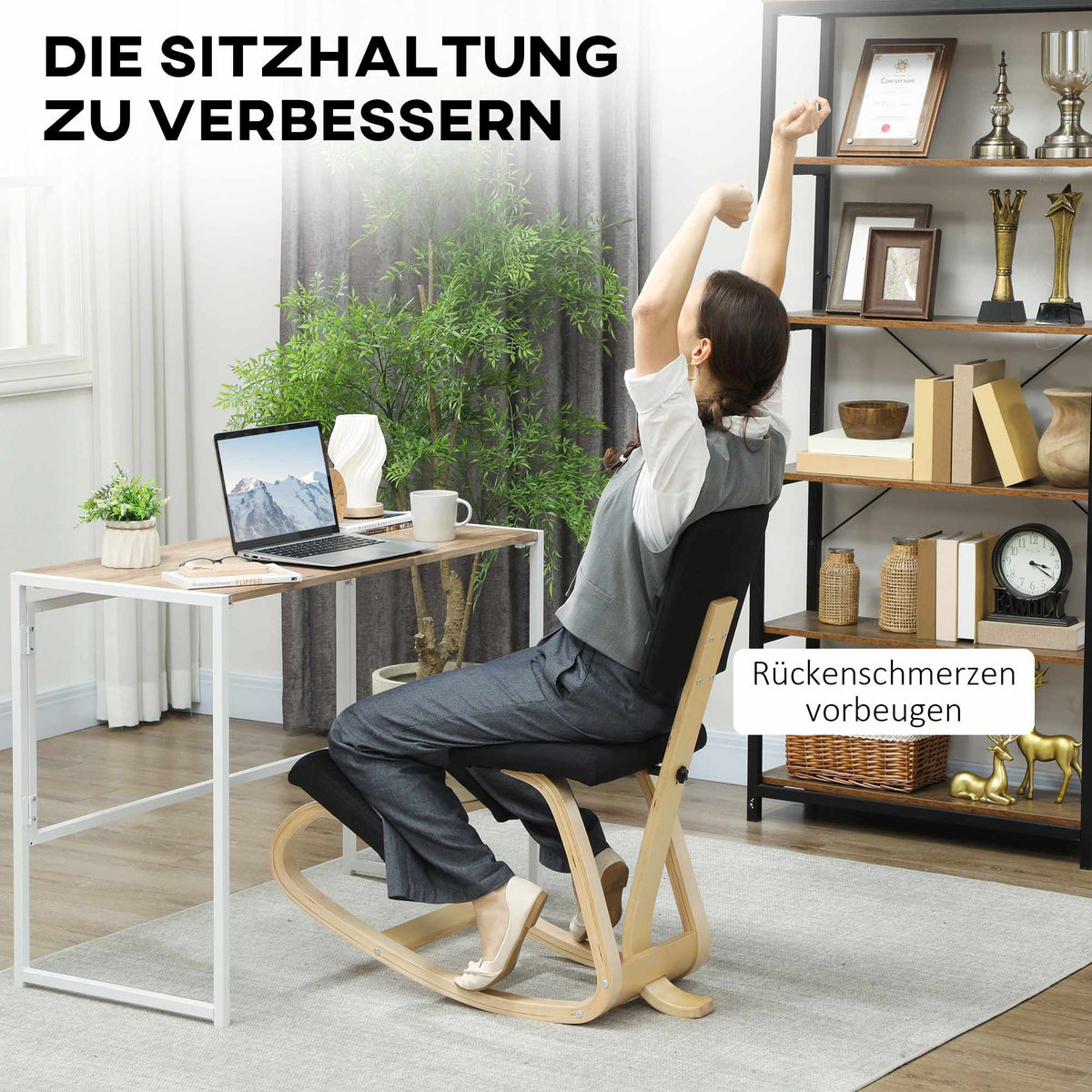 Ergonomic Kneeling Chair, Birch Wood, Black, Home & Office Use
