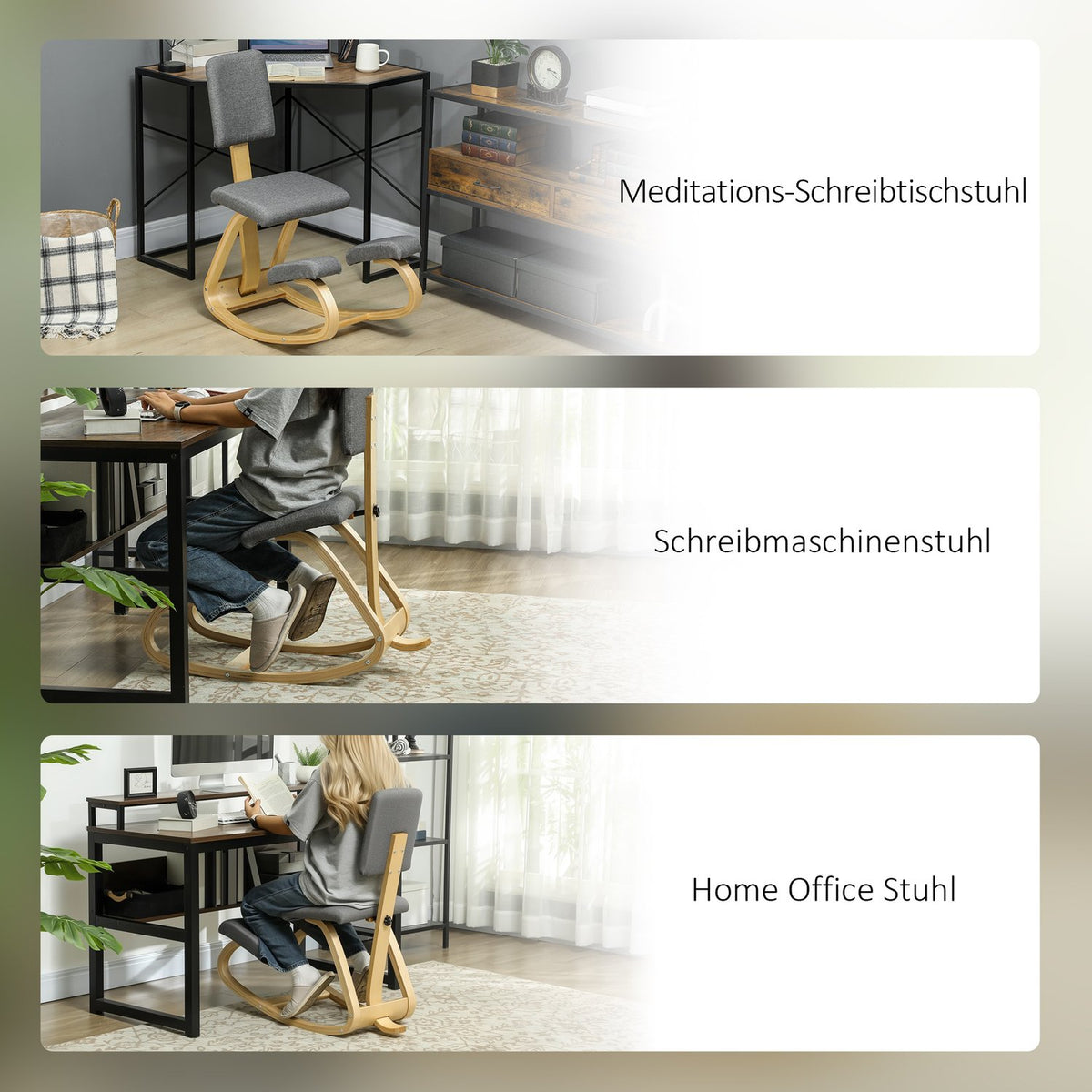 Ergonomic Kneeling Chair, Birch Wood, Gray, Home & Office
