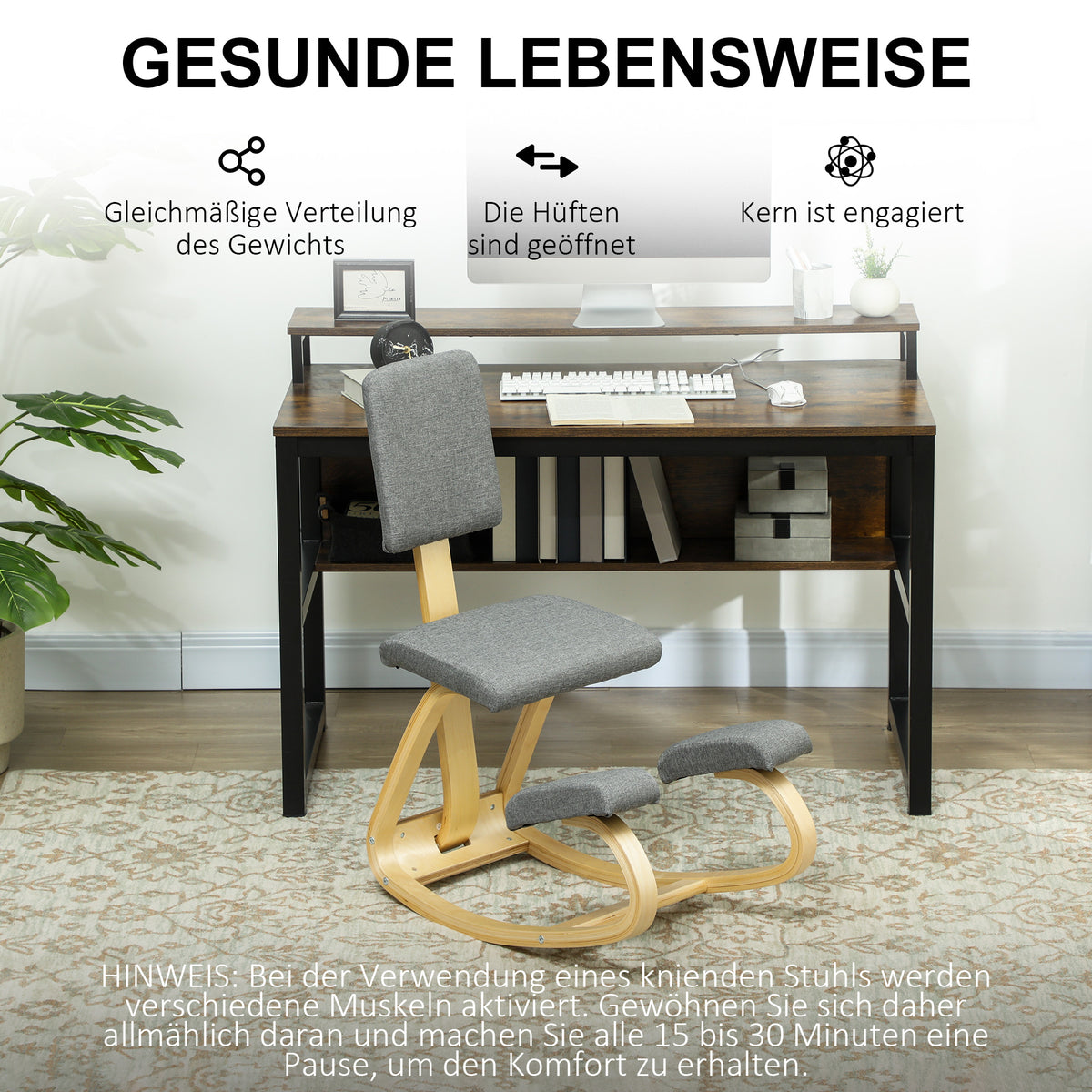 Ergonomic Kneeling Chair, Birch Wood, Gray, Home & Office