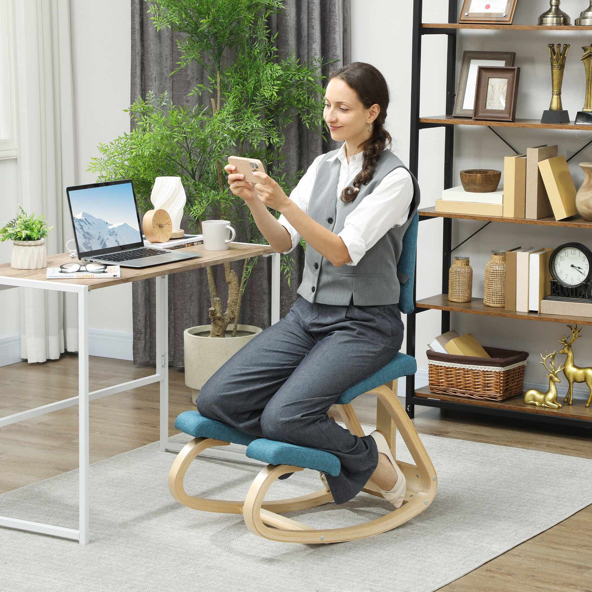 Ergonomic Kneeling Chair, Dark Blue, Birch Wood Frame