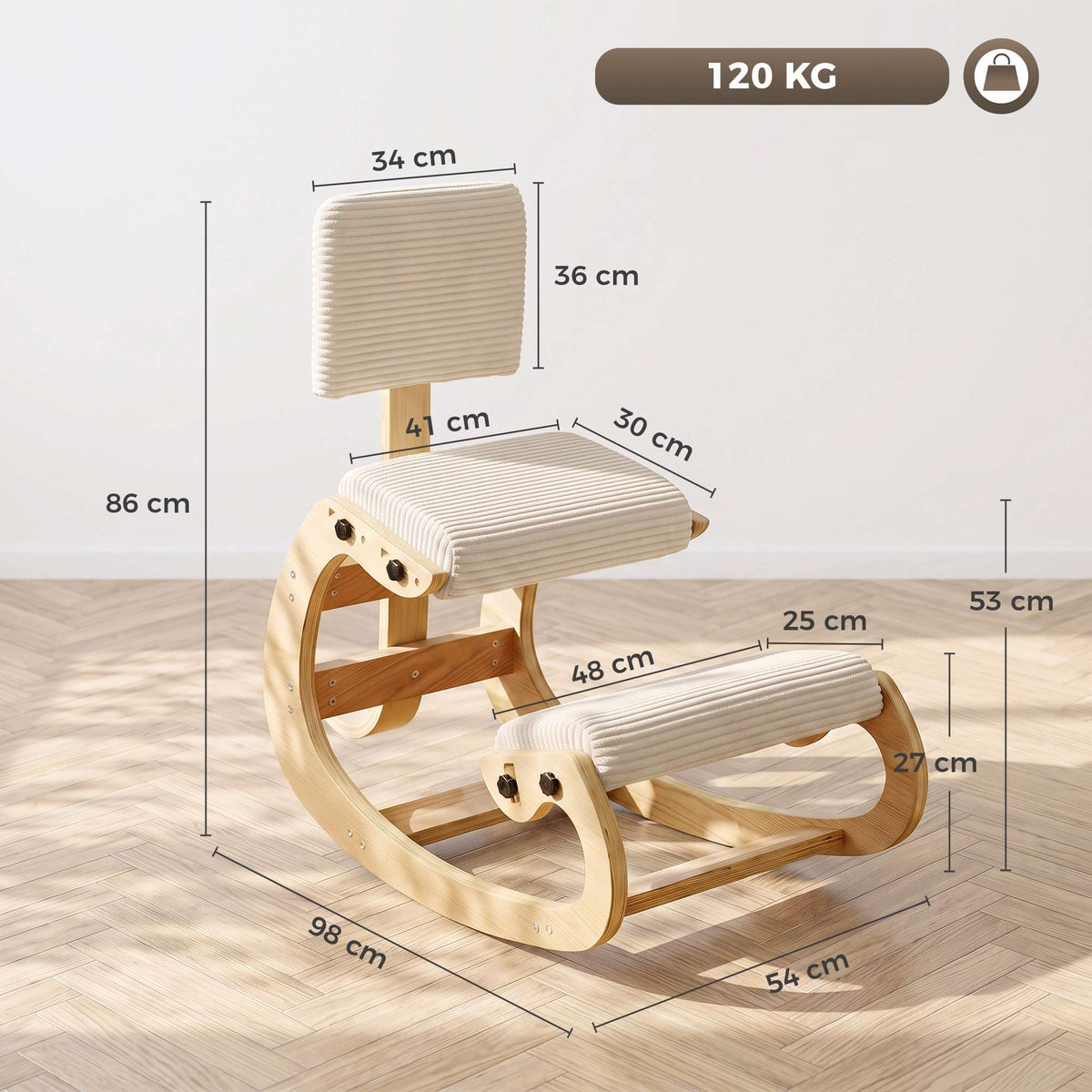 Ergonomic Kneeling Chair with Backrest, Corduroy, Cream White