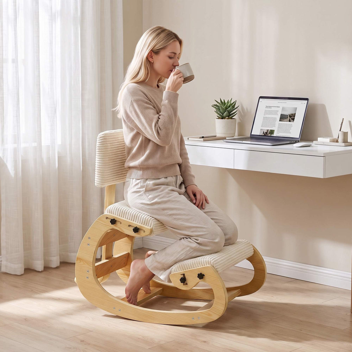 Ergonomic Kneeling Chair with Backrest, Corduroy, Cream White