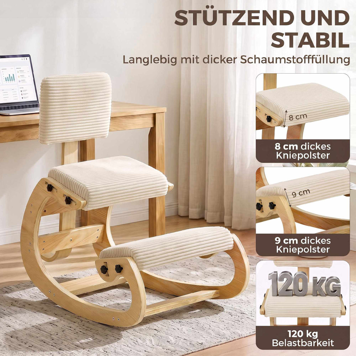 Ergonomic Kneeling Chair with Backrest, Corduroy, Cream White