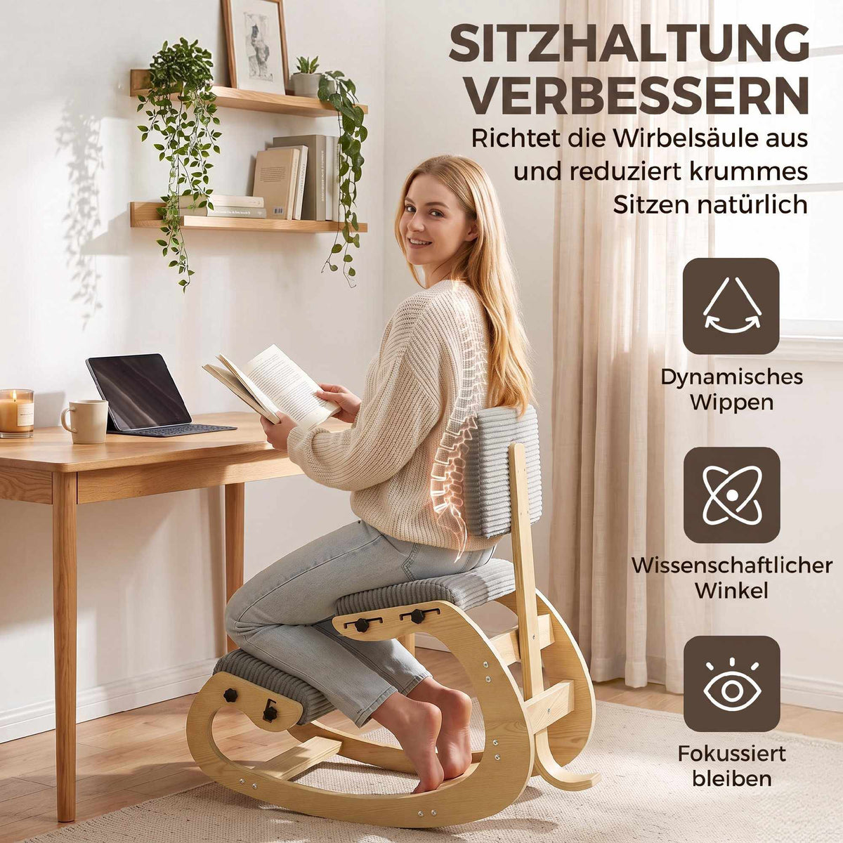 Ergonomic Kneeling Chair with Backrest, Dark Grey Cord Fabric