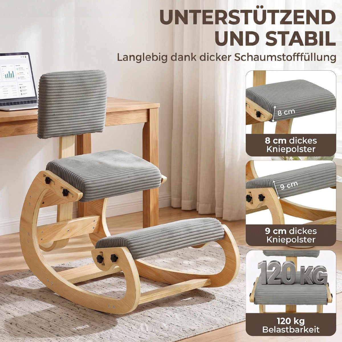 Ergonomic Kneeling Chair with Backrest, Dark Grey Cord Fabric