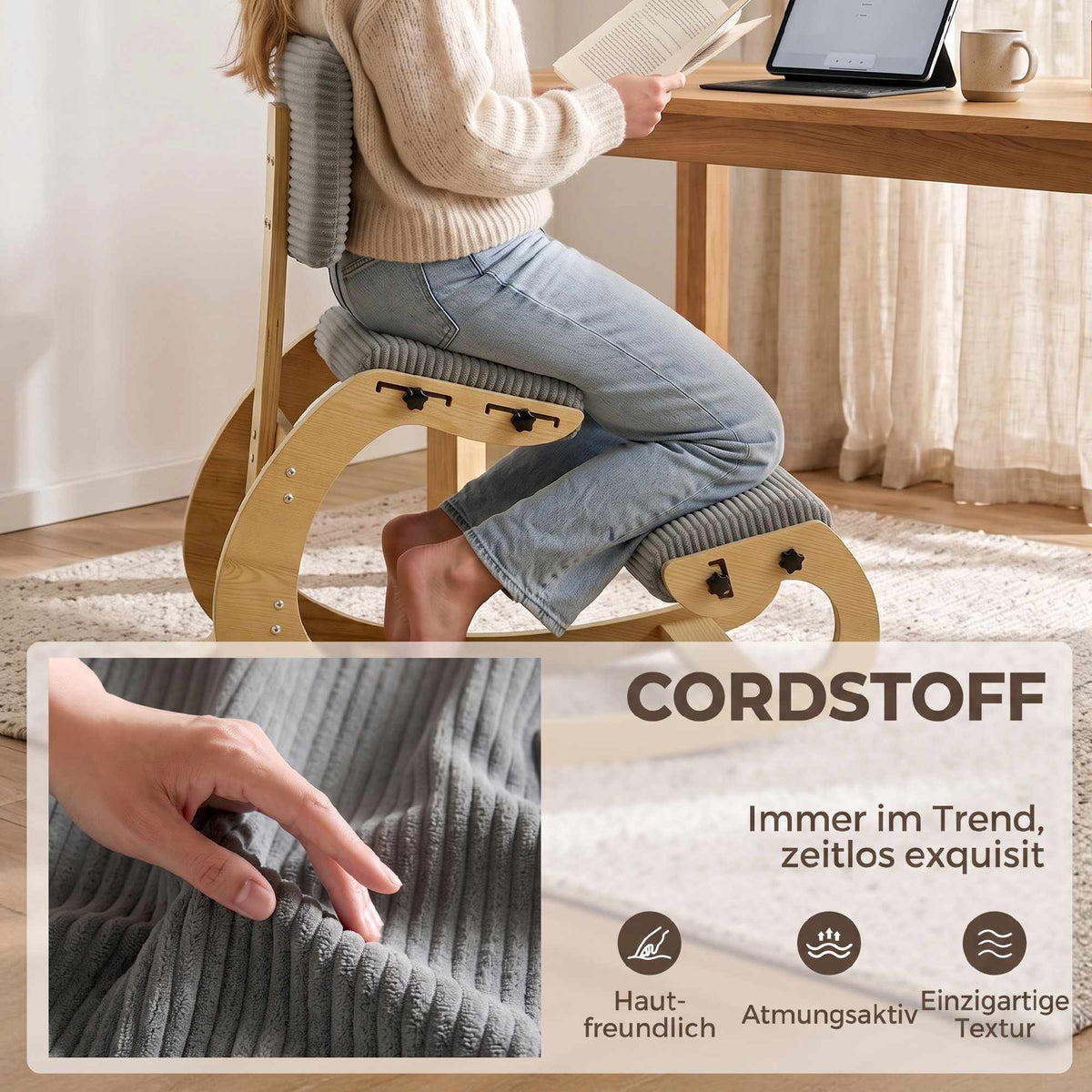 Ergonomic Kneeling Chair with Backrest, Dark Grey Cord Fabric