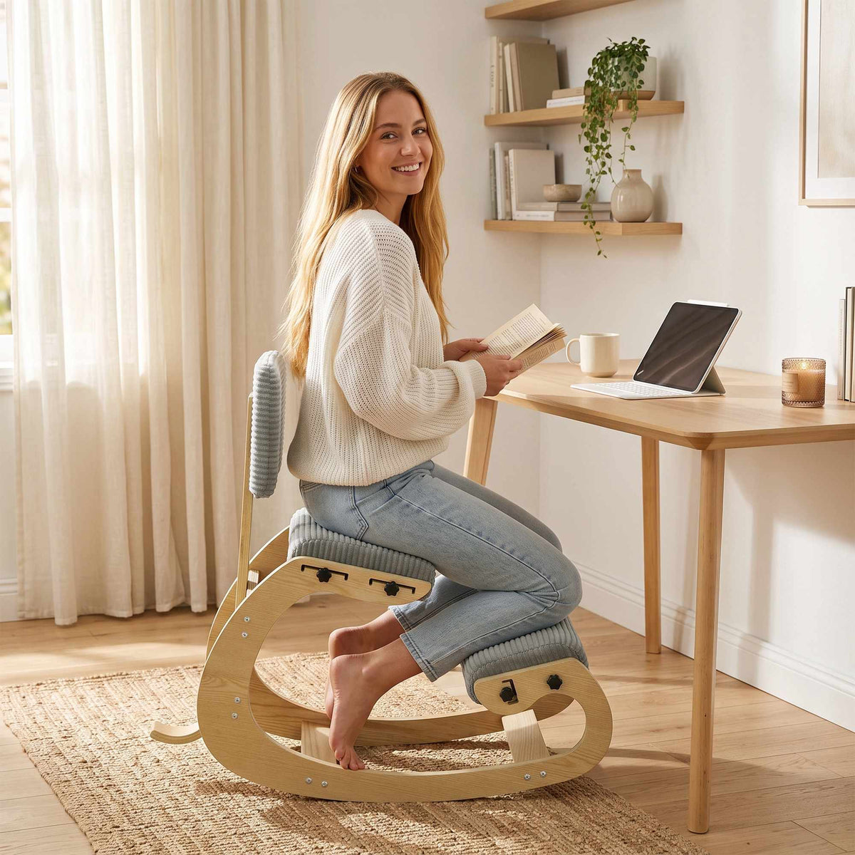 Ergonomic Kneeling Chair with Backrest, Dark Grey Cord Fabric