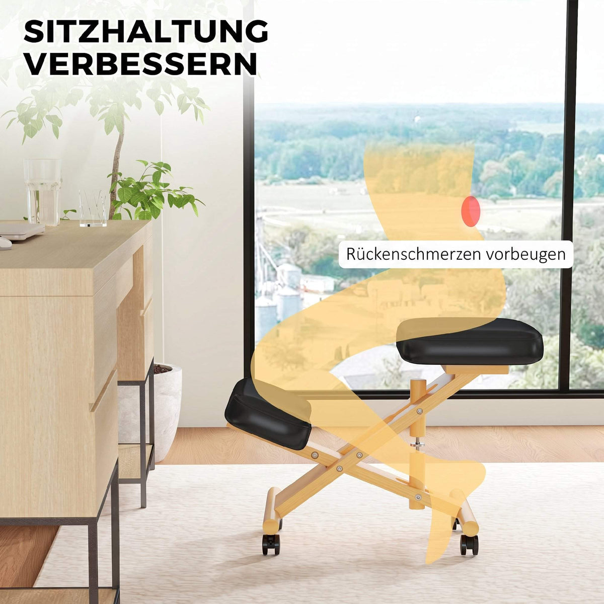 Ergonomic Kneeling Chair with Wheels, Black, Foam Padded