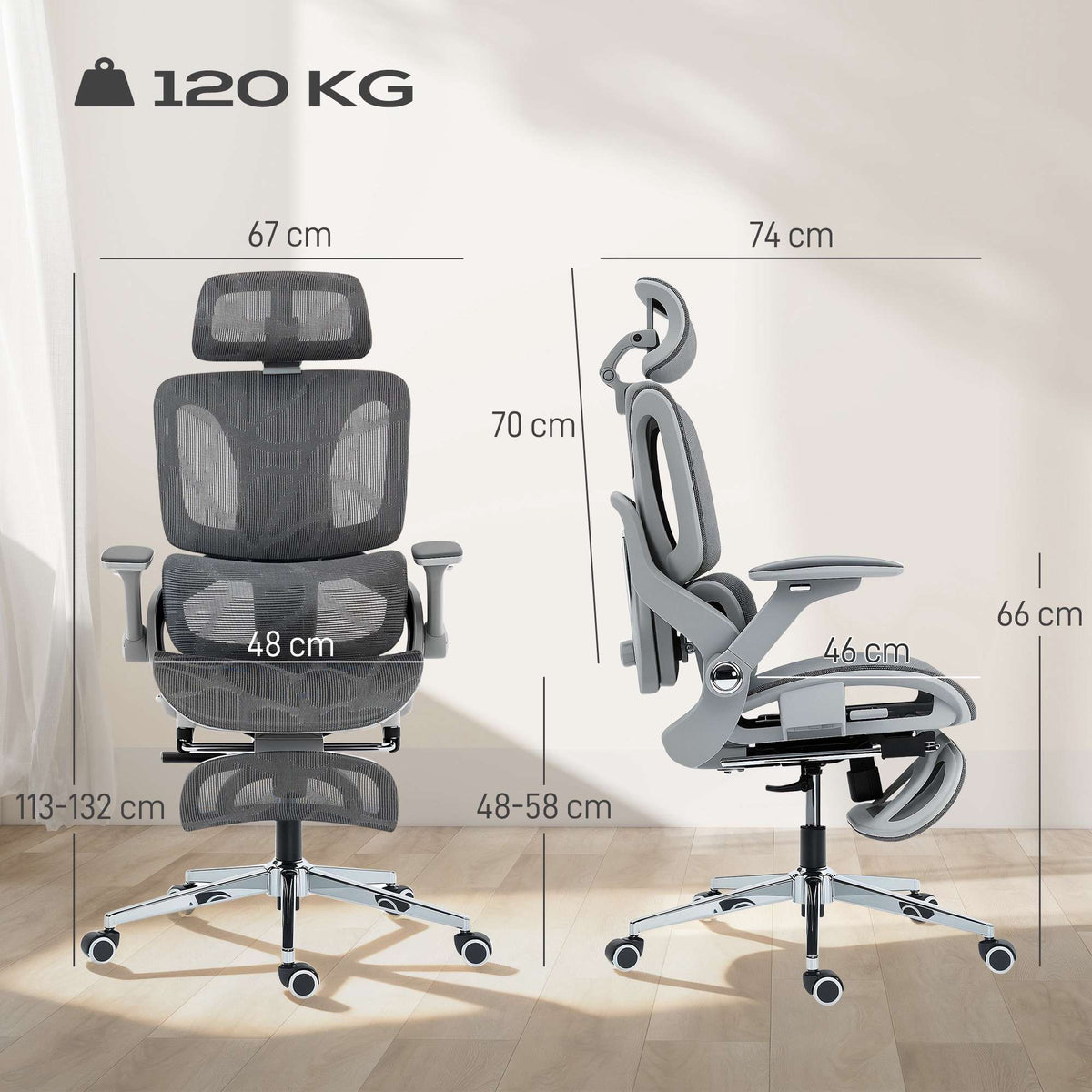 Ergonomic Mesh Office Chair, Adjustable 4D Armrests, Grey