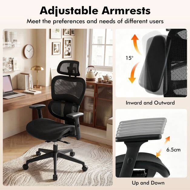 Ergonomic Mesh Office Chair, Adjustable Armrests & Headrest, Black