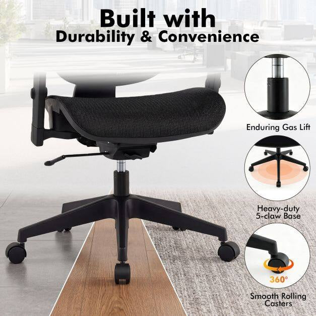 Ergonomic Mesh Office Chair, Adjustable Armrests & Headrest, Black