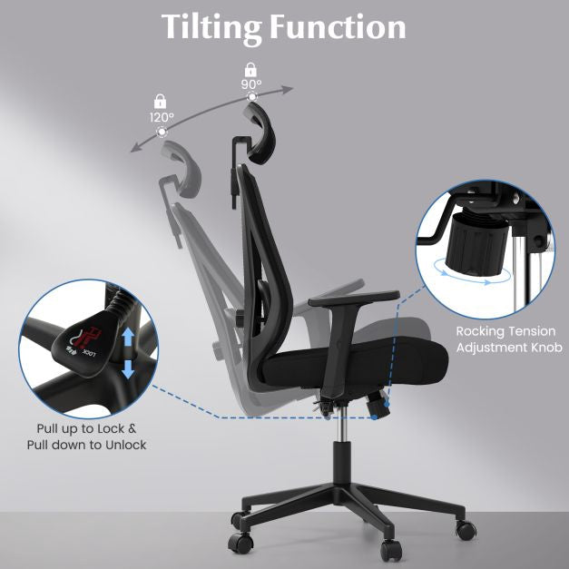 Ergonomic Mesh Office Chair, Adjustable Headrest, Black