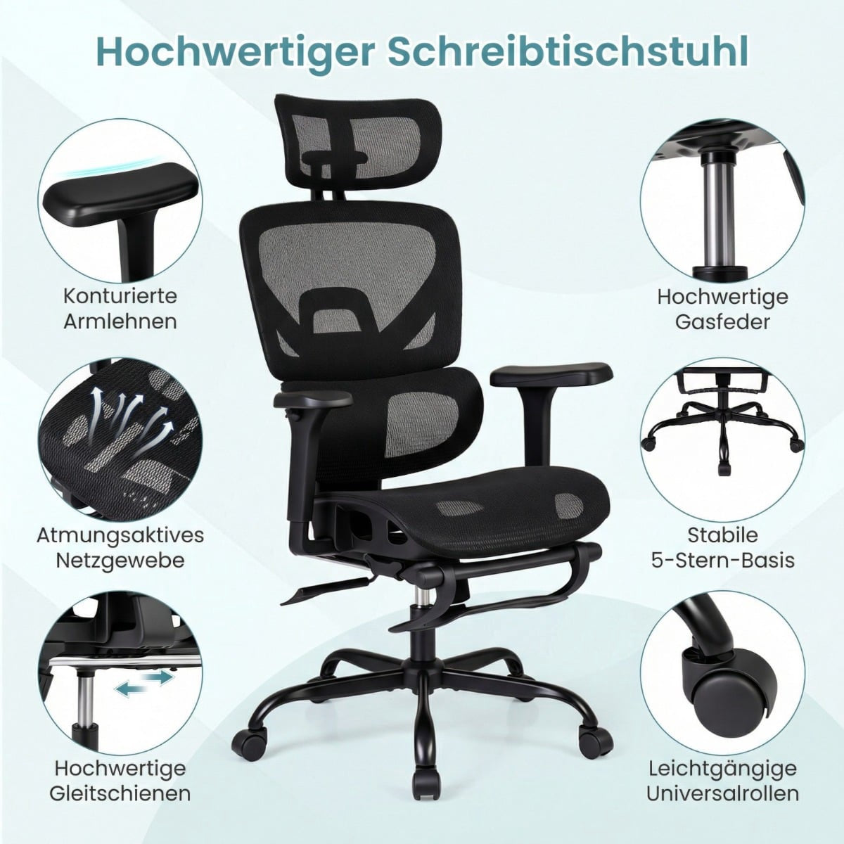 Ergonomic Mesh Office Chair with Footrest, Black