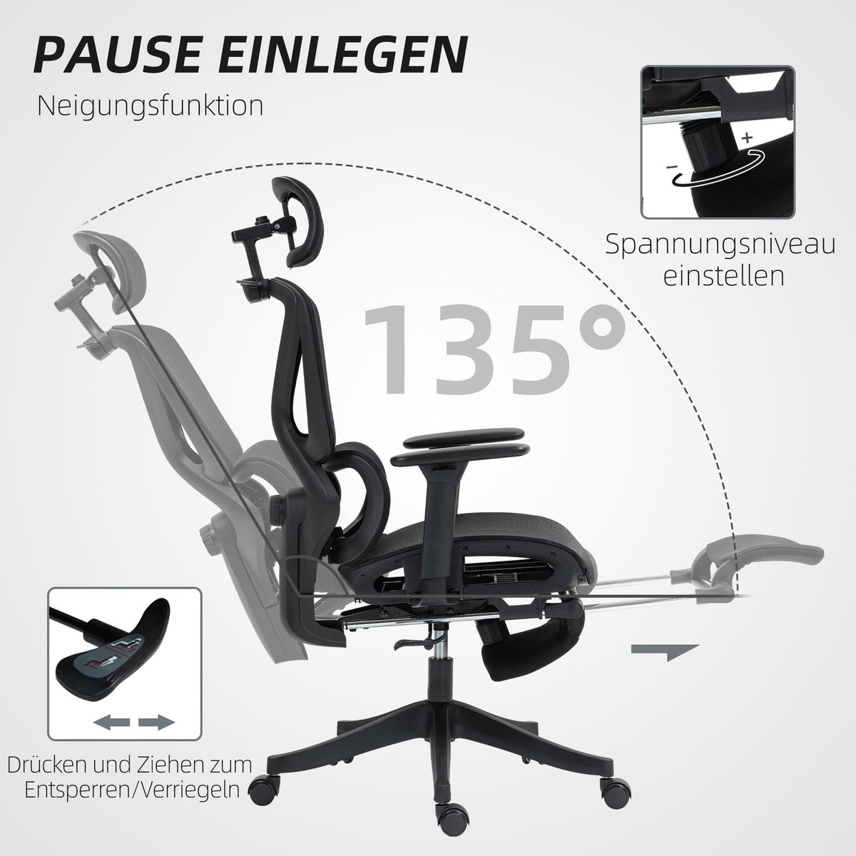 Ergonomic Office Chair, Adjustable, 135° Recline, Black