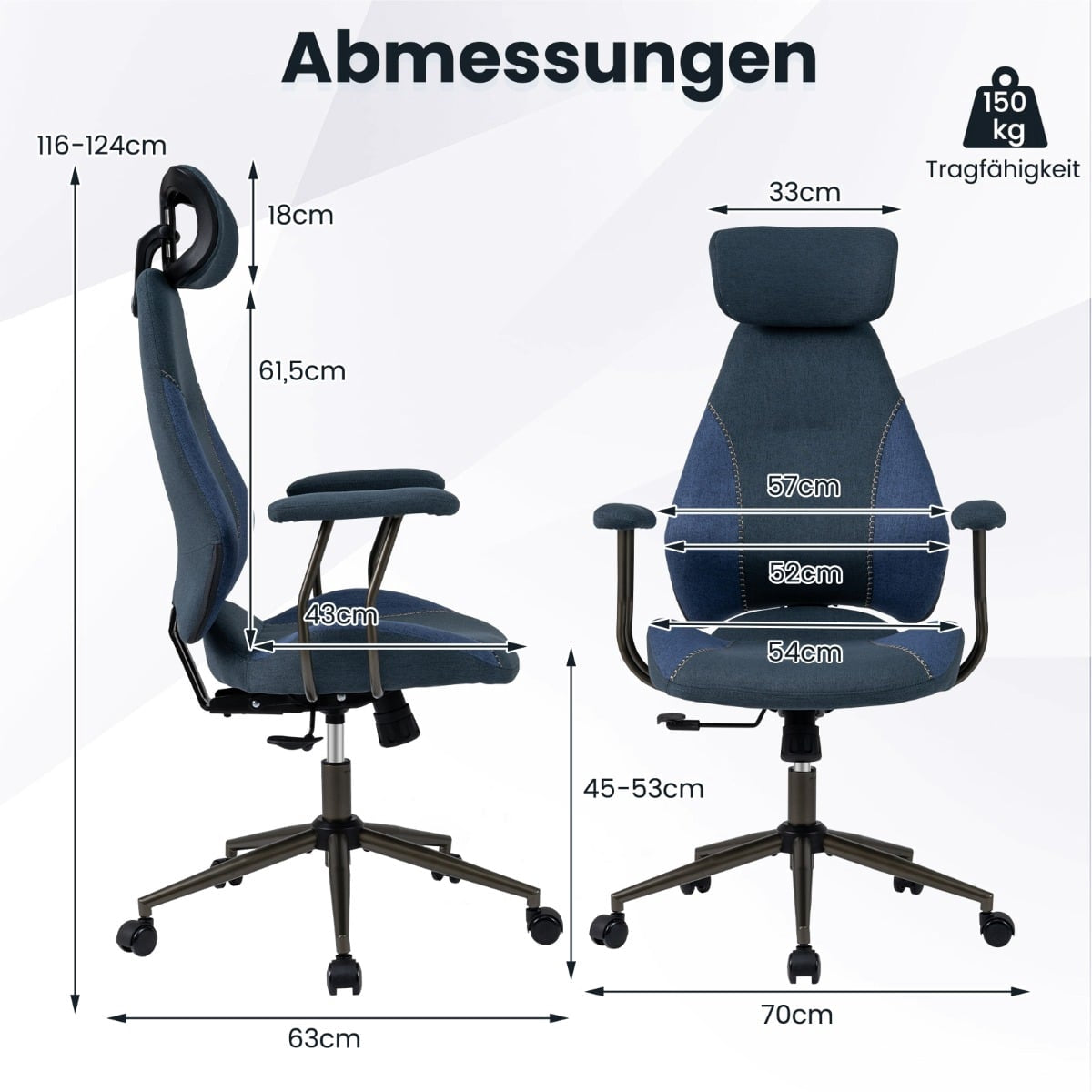 Ergonomic Office Chair, Adjustable Headrest, Blue Linen
