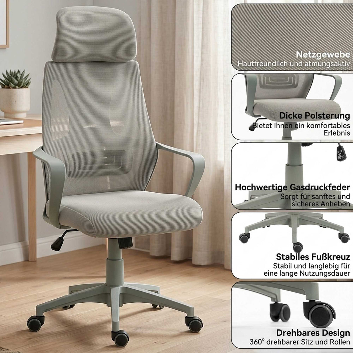 Ergonomic Office Chair, Adjustable Height with Headrest, Grey