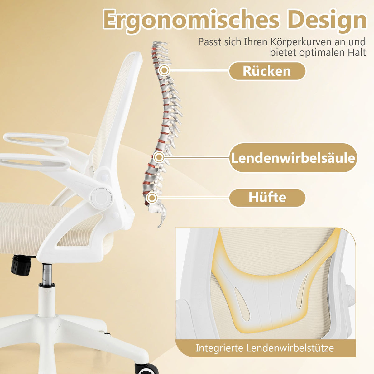 Ergonomic Office Chair, Beige, Folding Arms, Lumbar Support