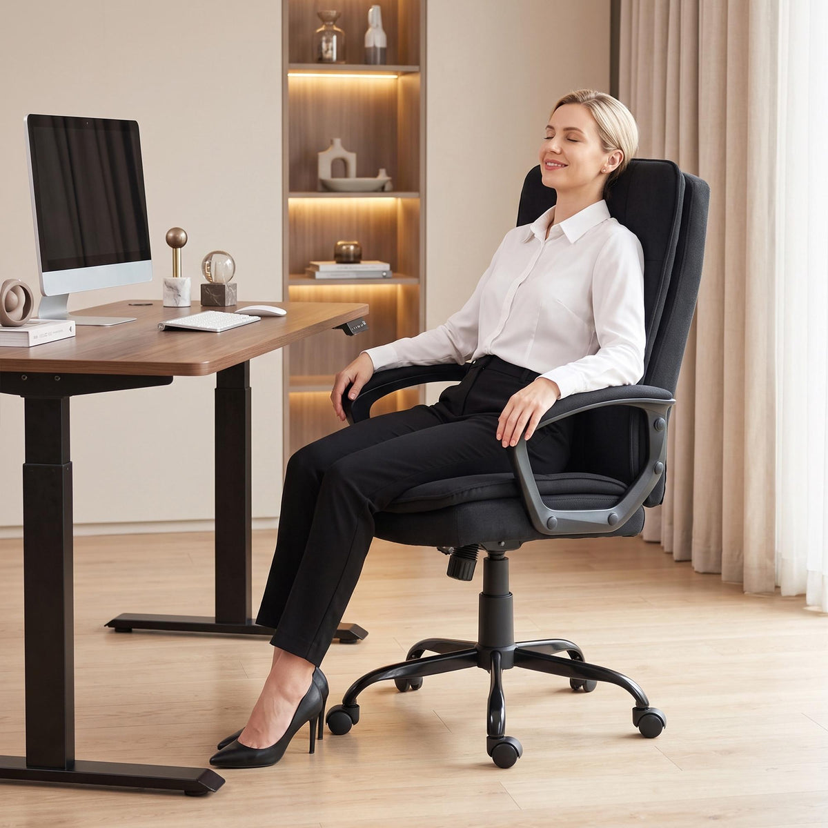 Ergonomic Office Chair, Black Fabric, Adjustable Height, Padded