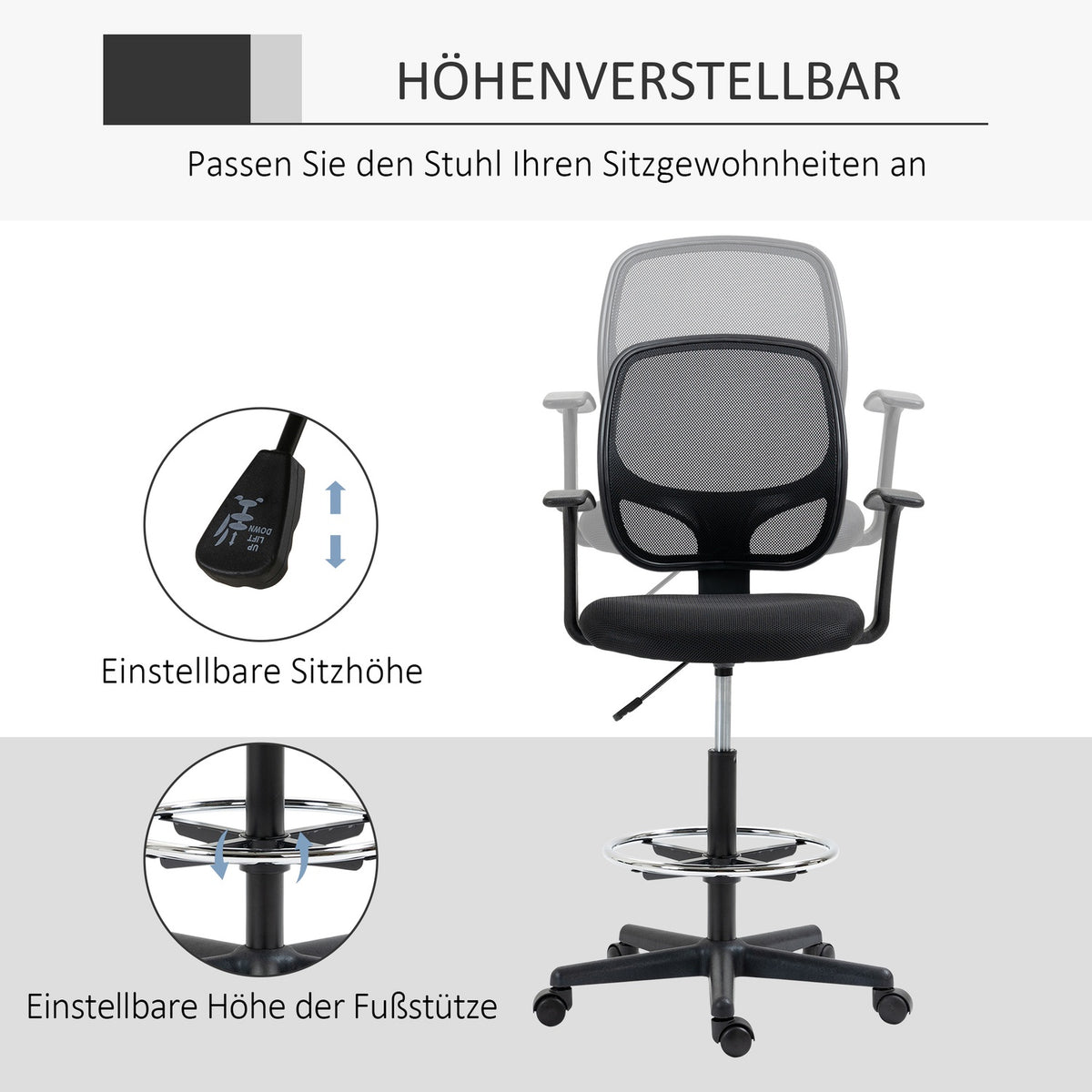 Ergonomic Office Chair, Desk Chair, Swivel Chair, Drawing Chair, Adjustable Foot Ring, Up To 120 Kg, Black, 60X56X110-132 Cm