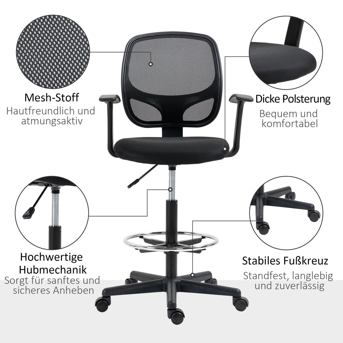 Ergonomic Office Chair, Desk Chair, Swivel Chair, Drawing Chair, Adjustable Foot Ring, Up To 120 Kg, Black, 60X56X110-132 Cm