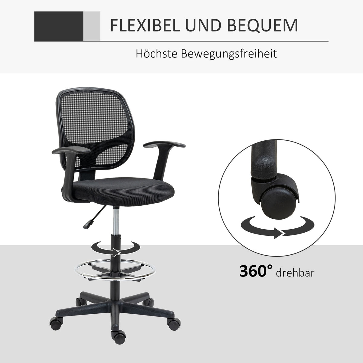 Ergonomic Office Chair, Desk Chair, Swivel Chair, Drawing Chair, Adjustable Foot Ring, Up To 120 Kg, Black, 60X56X110-132 Cm