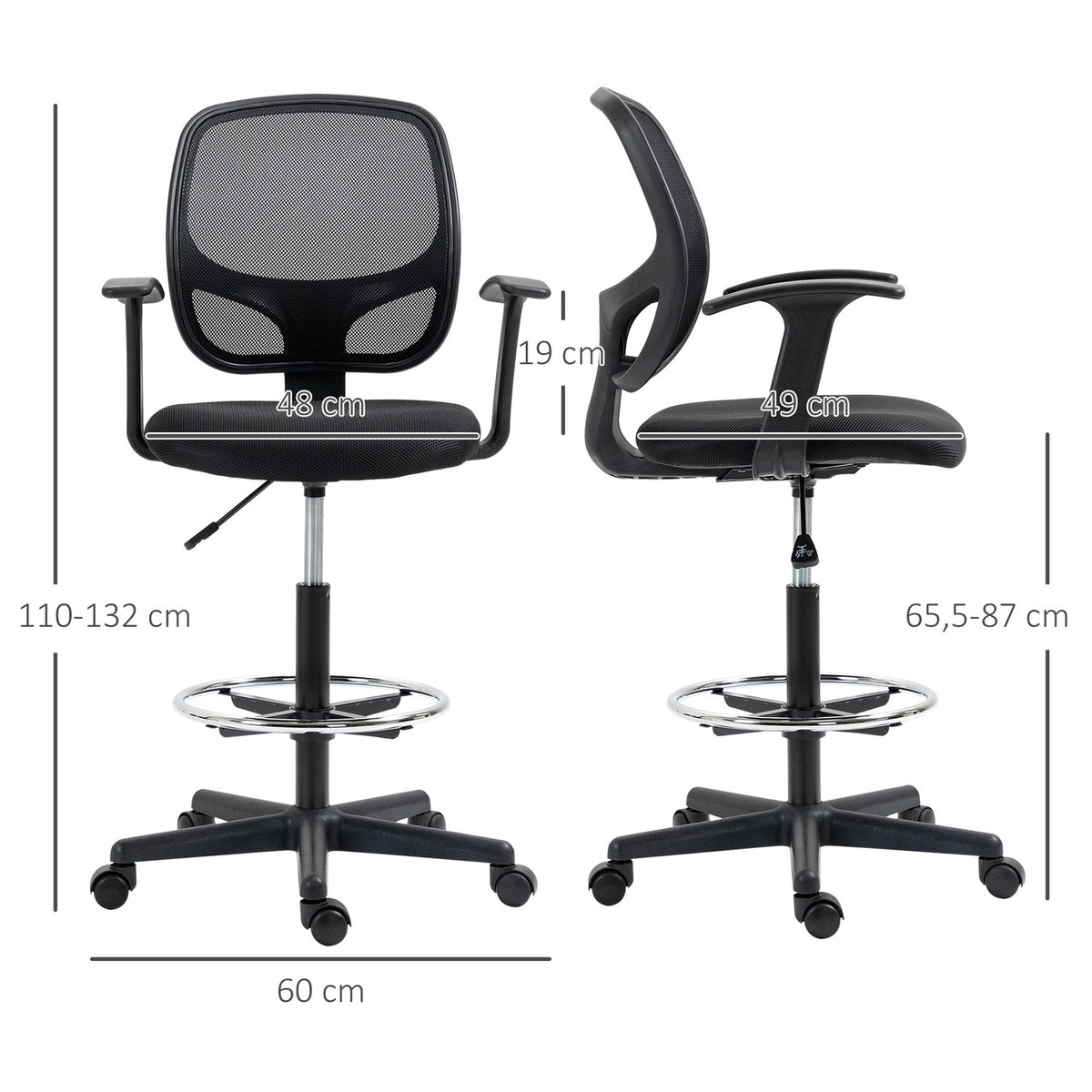 Ergonomic Office Chair, Desk Chair, Swivel Chair, Drawing Chair, Adjustable Foot Ring, Up To 120 Kg, Black, 60X56X110-132 Cm