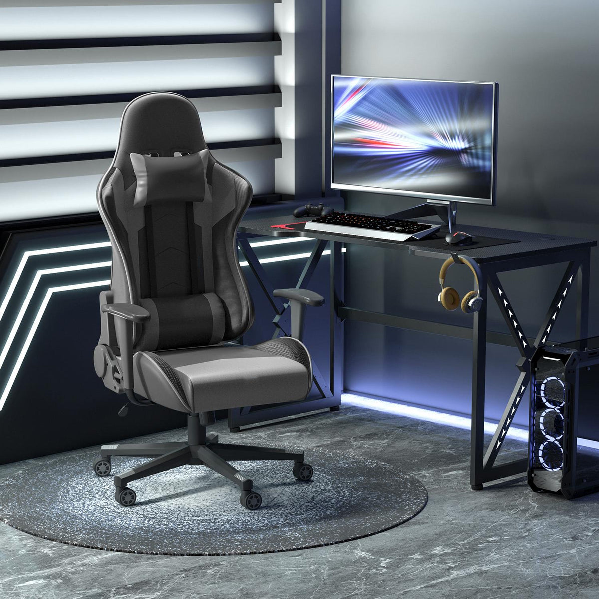 Ergonomic Office Chair Gaming Chair, Swivel Chair Made Of Faux Leather And Foam, Black, 67.5X74X126-136Cm
