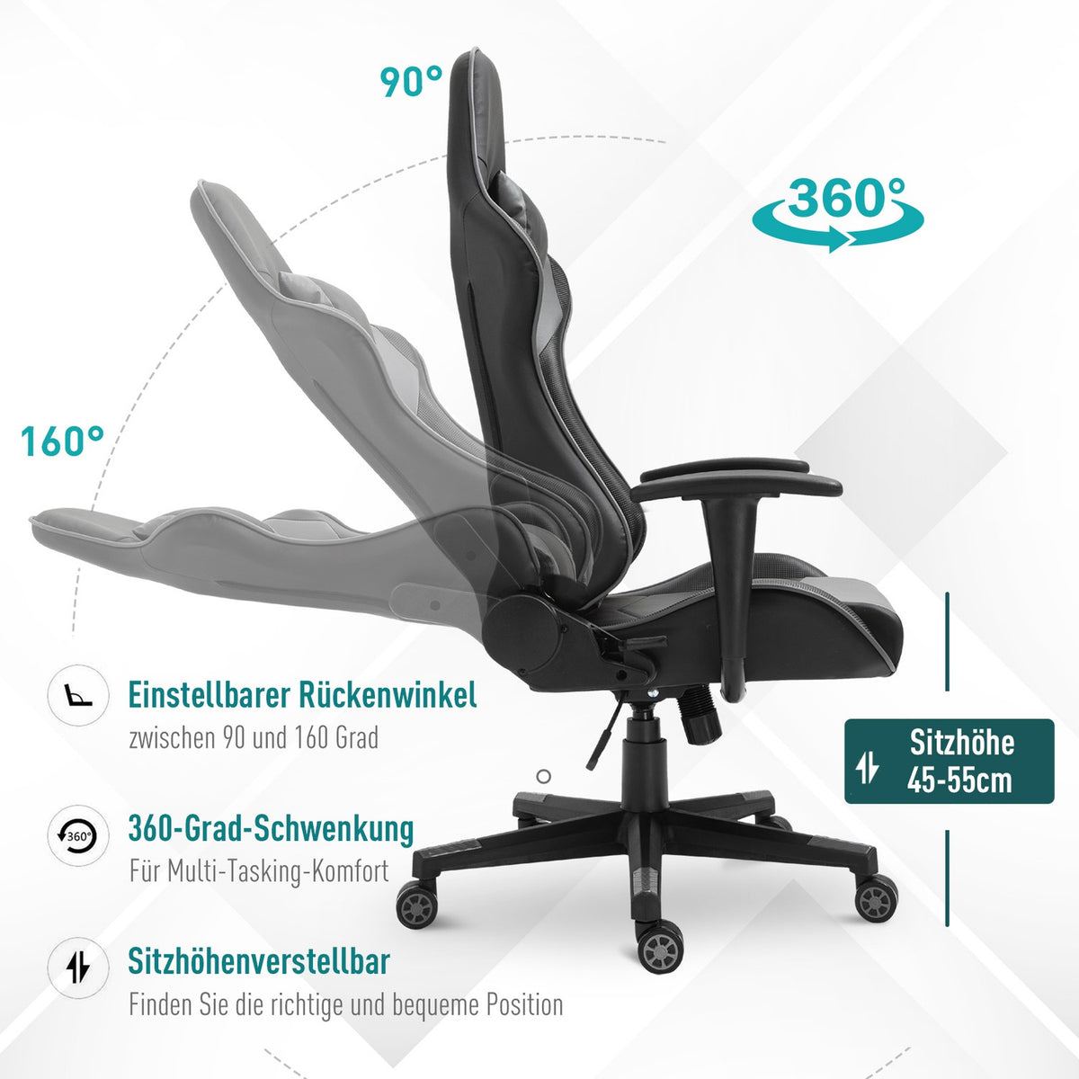 Ergonomic Office Chair Gaming Chair, Swivel Chair Made Of Faux Leather And Foam, Black, 67.5X74X126-136Cm