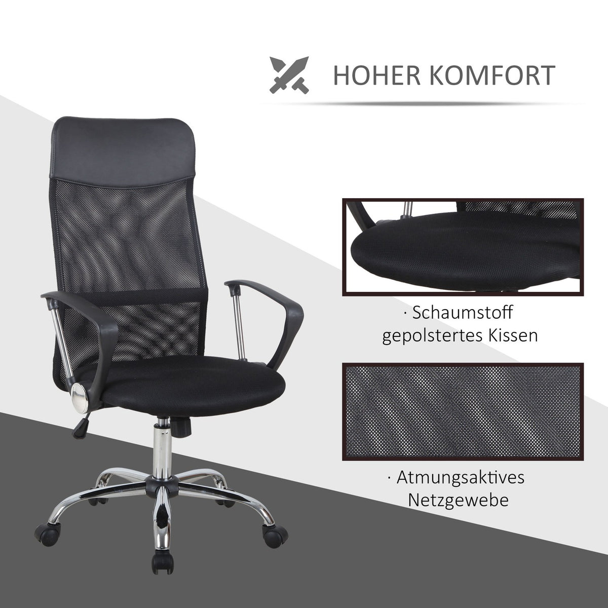Ergonomic Office Chair, Gaming Chair, Swivel Chair With Rocker Function, Height-Adjustable Desk Chair, Foam, Mesh, Black