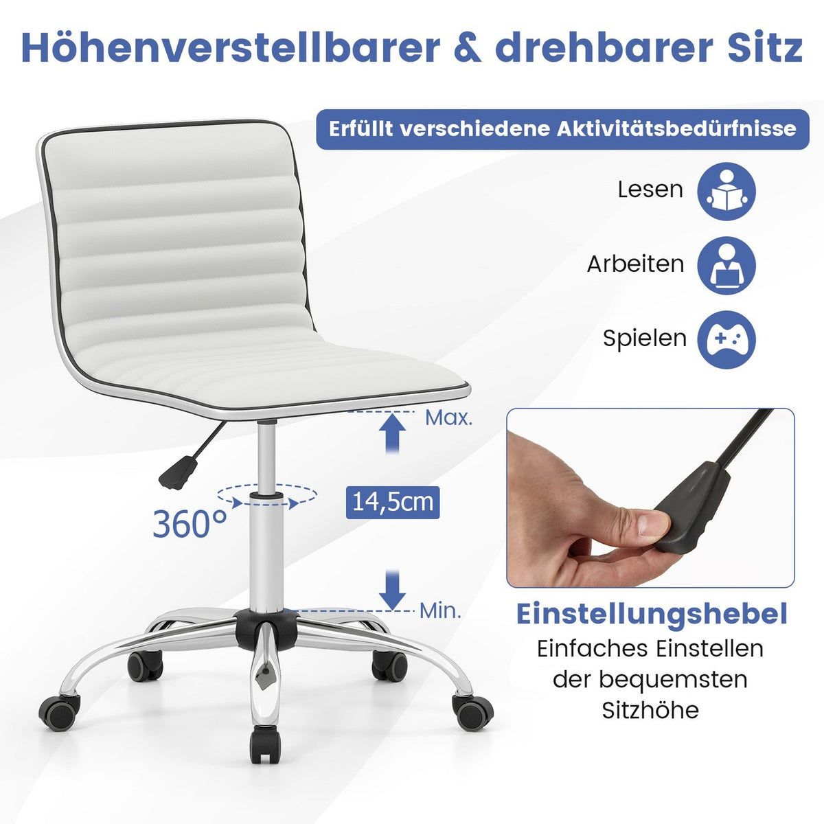 Ergonomic Office Chair, No Armrests, Adjustable Height, White