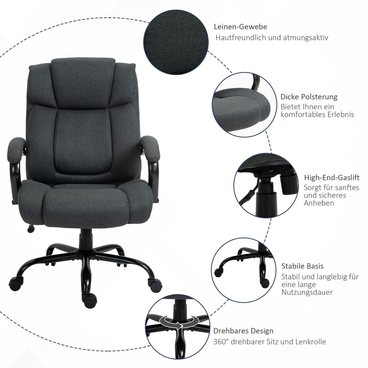 Ergonomic Office Chair, Swivel, Padded Arms, 220kg Capacity, Grey