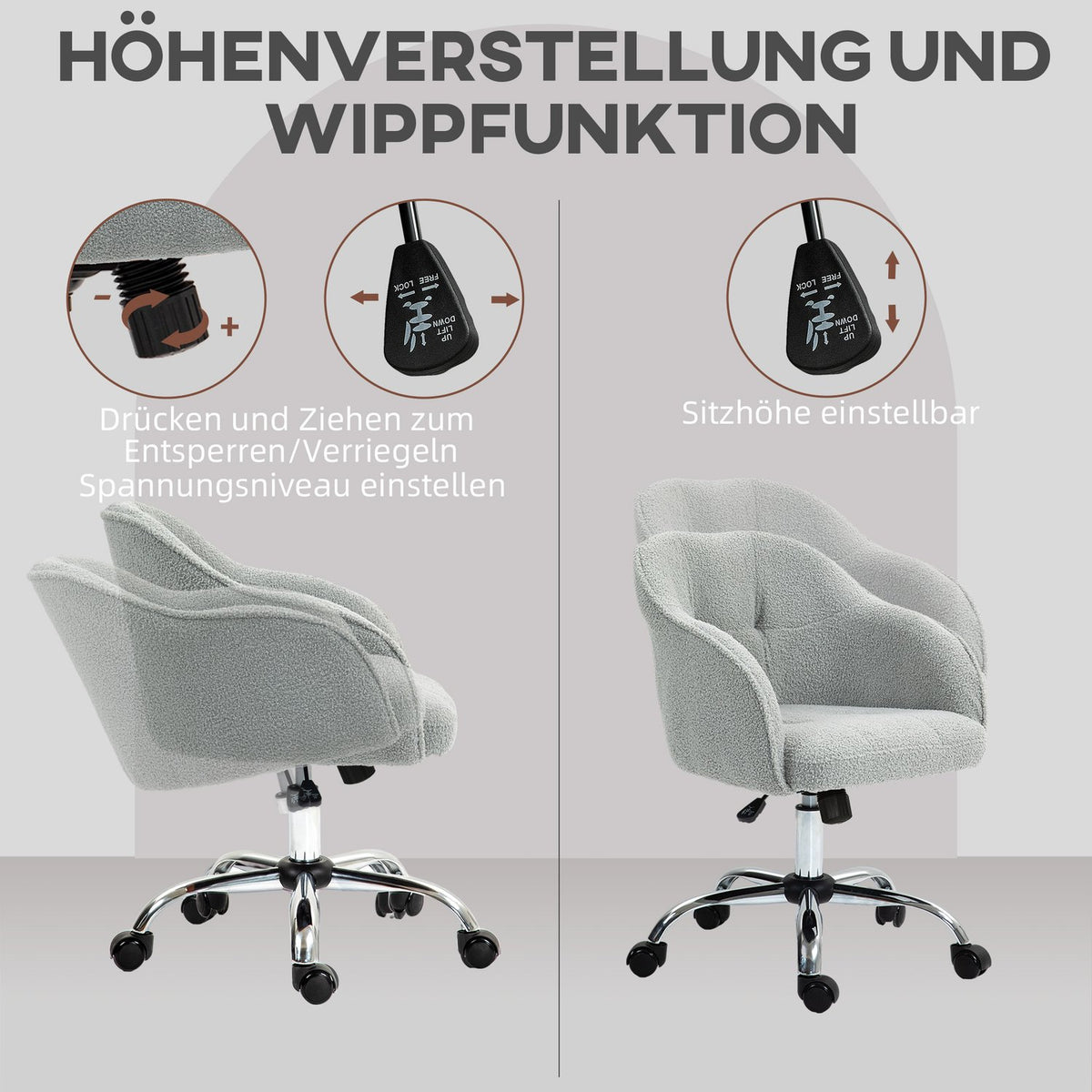 Ergonomic Office Chair, Teddy Fleece, Adjustable Height