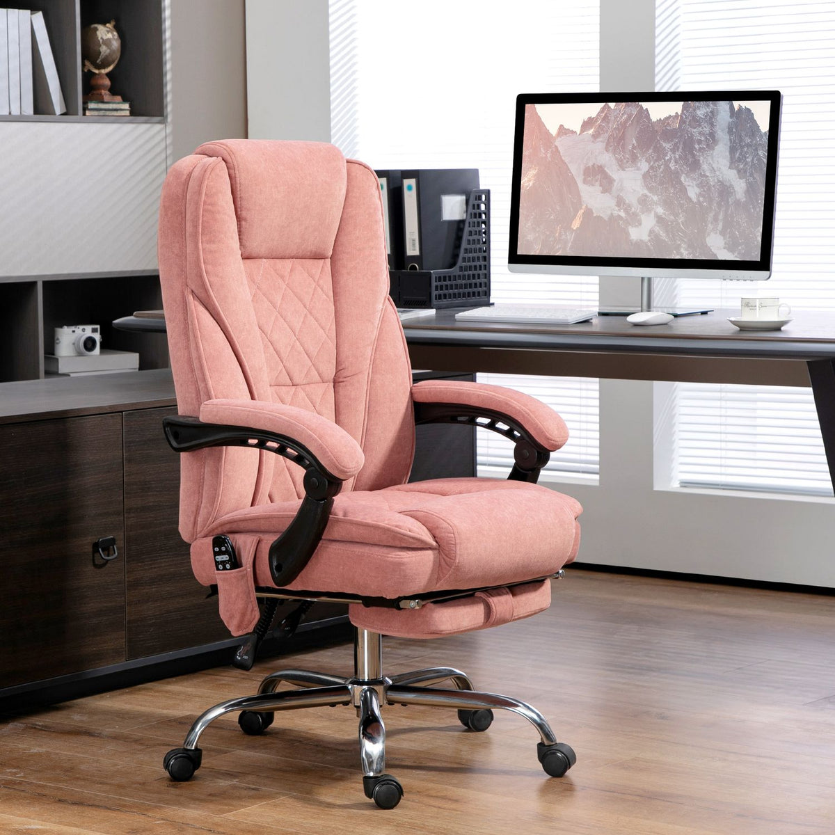 Ergonomic office chair with massage function, footrest, swivel, rollable, pink