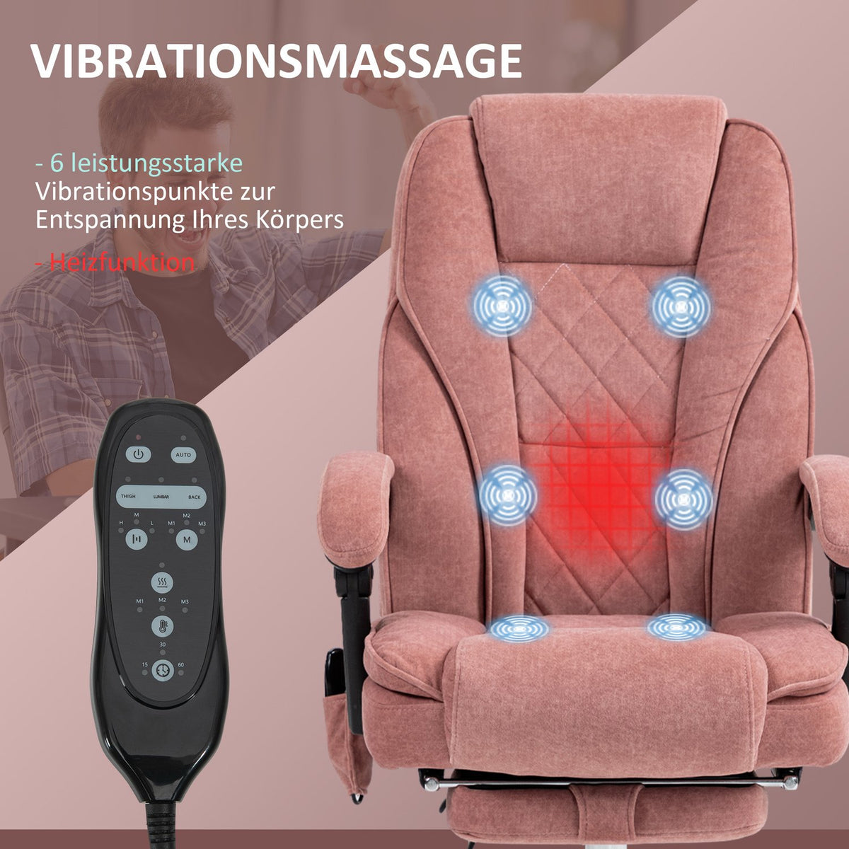 Ergonomic office chair with massage function, footrest, swivel, rollable, pink