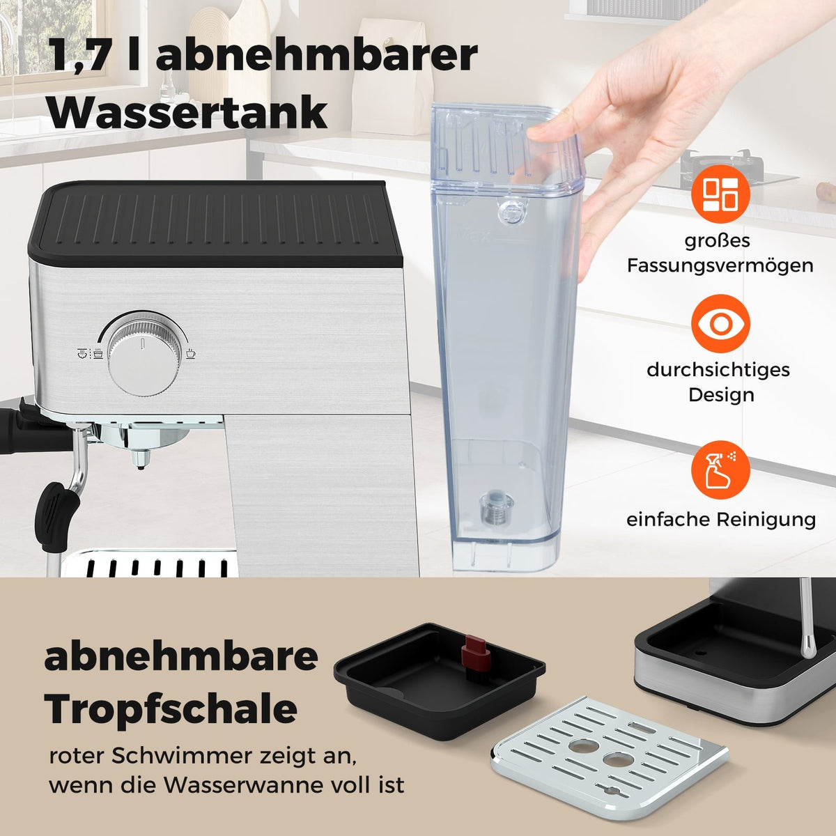 Espressomaschine mit Milchaufschäumer, 20 Bar, Touchscreen, 1.7L