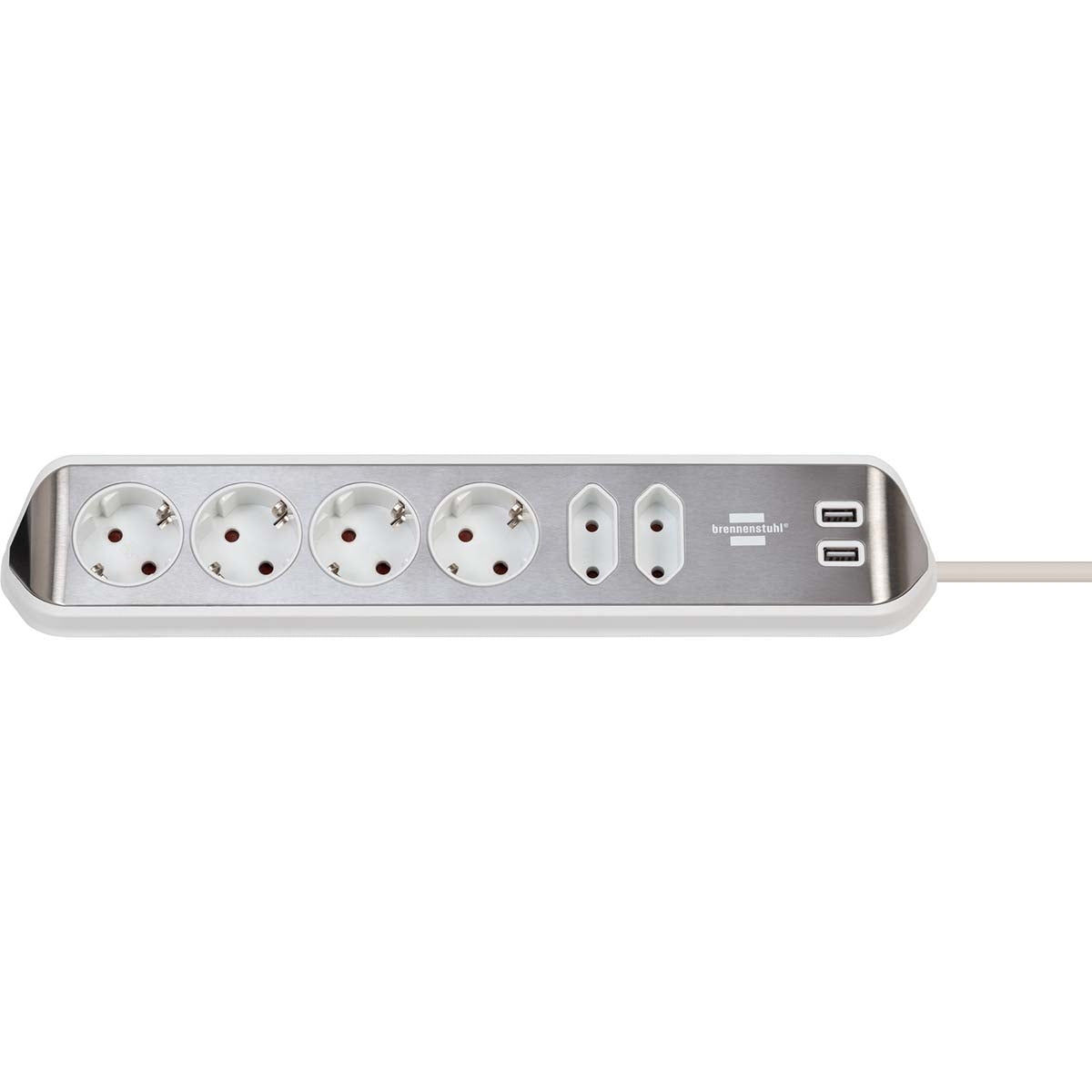 Estilo 6-way corner socket strip with high-quality stainless surface for kitchen and office (desk socket with 4x protective contact socket, 2x Euro socket, incl. USB charging function) silver/white TYPE F