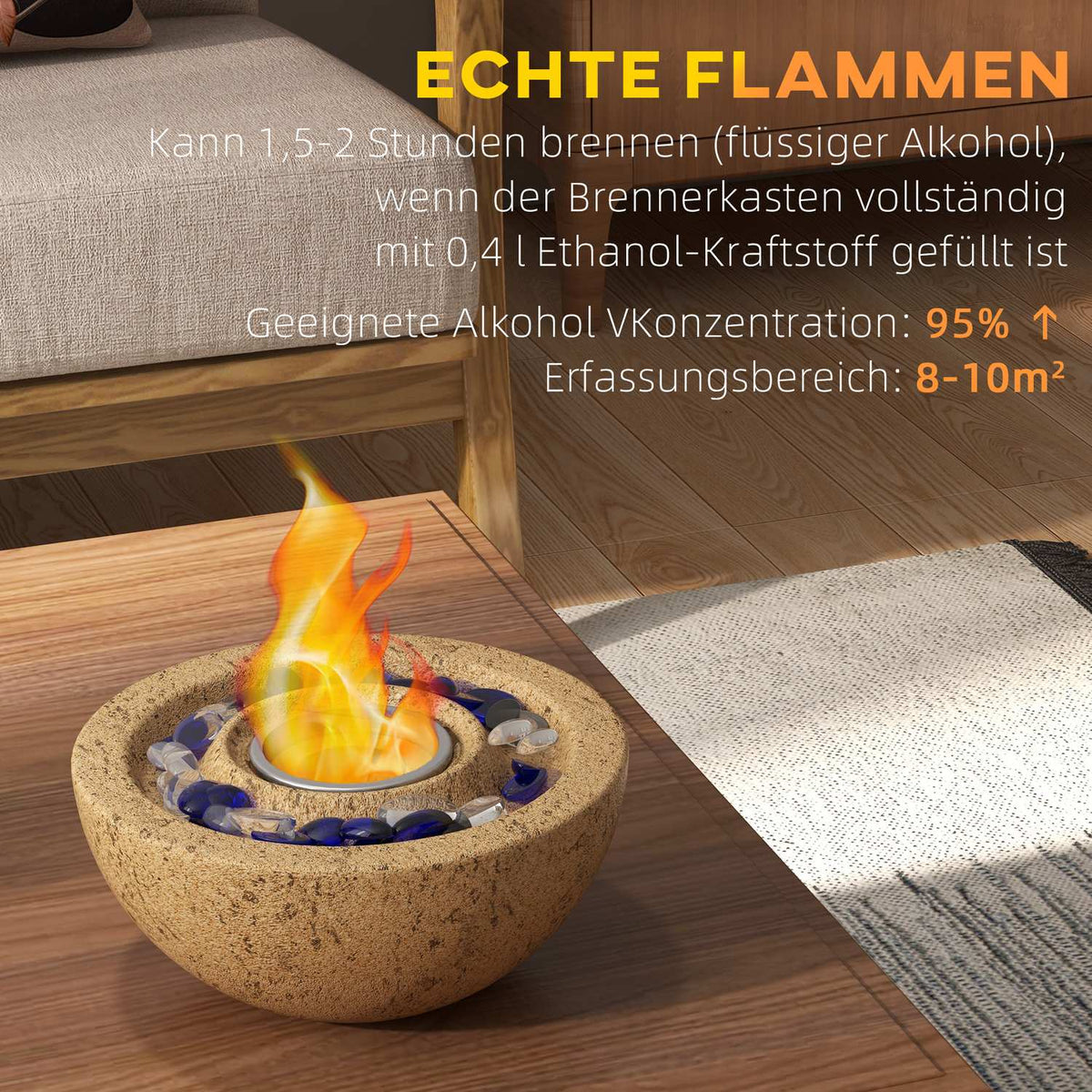 Ethanol Fireplace, 1000Btu Bio-Ethanol Fireplace, 0.4L Table Fire With Fire Lid, Ethanol Fire Bowl With Stone Look, For An Effective Area Of Up To 10 M²