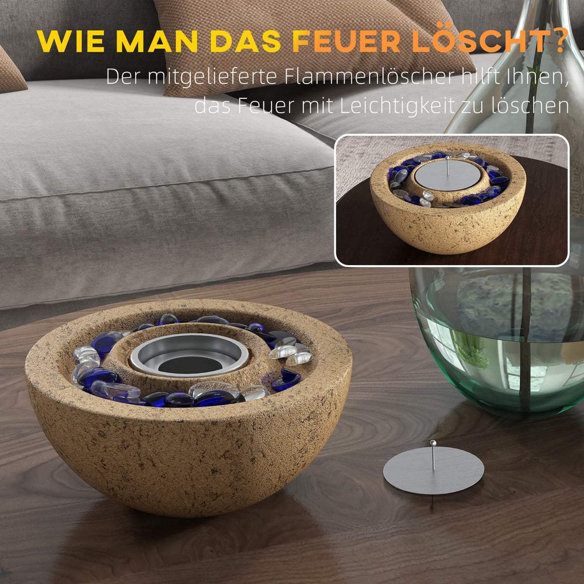 Ethanol Fireplace, 1000Btu Bio-Ethanol Fireplace, 0.4L Table Fire With Fire Lid, Ethanol Fire Bowl With Stone Look, For An Effective Area Of Up To 10 M²