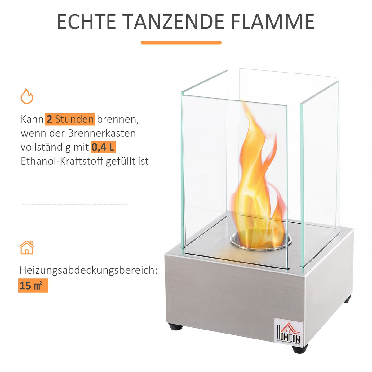 Ethanol Fireplace Bio-Ethanol Burner 0.4L 2 Hours Burning Time No Smoke Stainless Steel 20 X 20 X 33 Cm