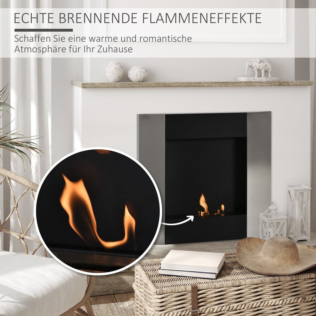 Ethanol Fireplace Bio-Ethanol Burner 1800W 0.7L 1 Hour Burning Time No Smoke Wall-Mounted Steel Stainless Steel Silver + Black 72 X 11 X 72 Cm