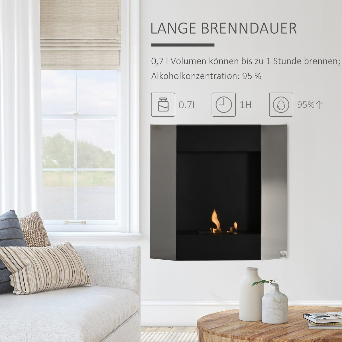 Ethanol Fireplace Bio-Ethanol Burner 1800W 0.7L 1 Hour Burning Time No Smoke Wall-Mounted Steel Stainless Steel Silver + Black 72 X 11 X 72 Cm