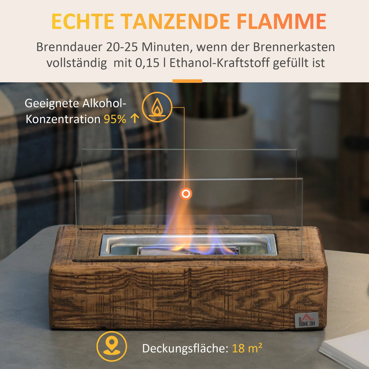 Ethanol fireplace 0.15L 45 min burning time for 18m² bio ethanol burner table fireplace with fire extinguisher lid and tempered glass