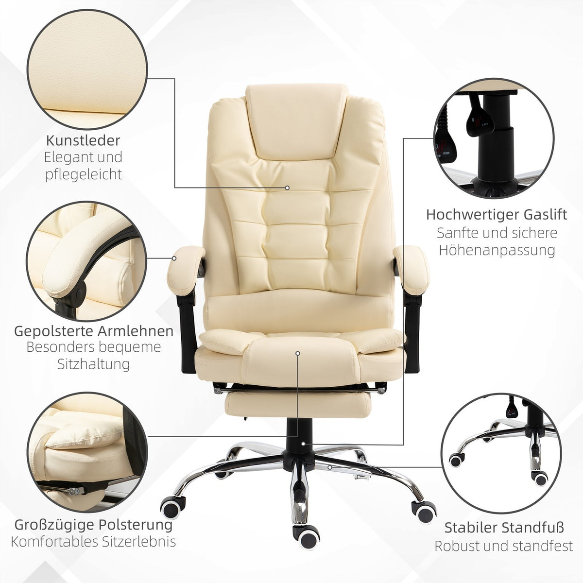 Executive Chair Office Chair With Footrest, Desk Chair With Tilt Function, Height-Adjustable Computer Chair With Armrest, Faux Leather, Cream