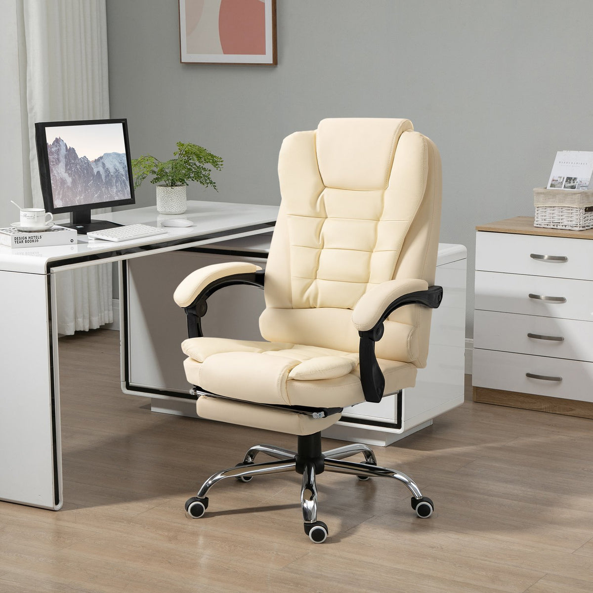 Executive Chair Office Chair With Footrest, Desk Chair With Tilt Function, Height-Adjustable Computer Chair With Armrest, Faux Leather, Cream