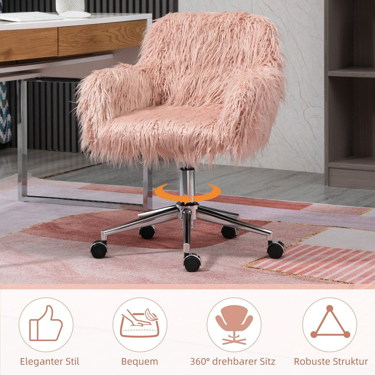 Executive Chair Swivel Chair Computer Chair With Faux Fur Seat Height Adjustment Faux Fur Foam Pink + Silver 57 X 60 X 75-85 Cm