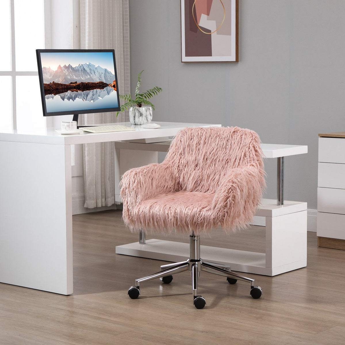 Executive Chair Swivel Chair Computer Chair With Faux Fur Seat Height Adjustment Faux Fur Foam Pink + Silver 57 X 60 X 75-85 Cm