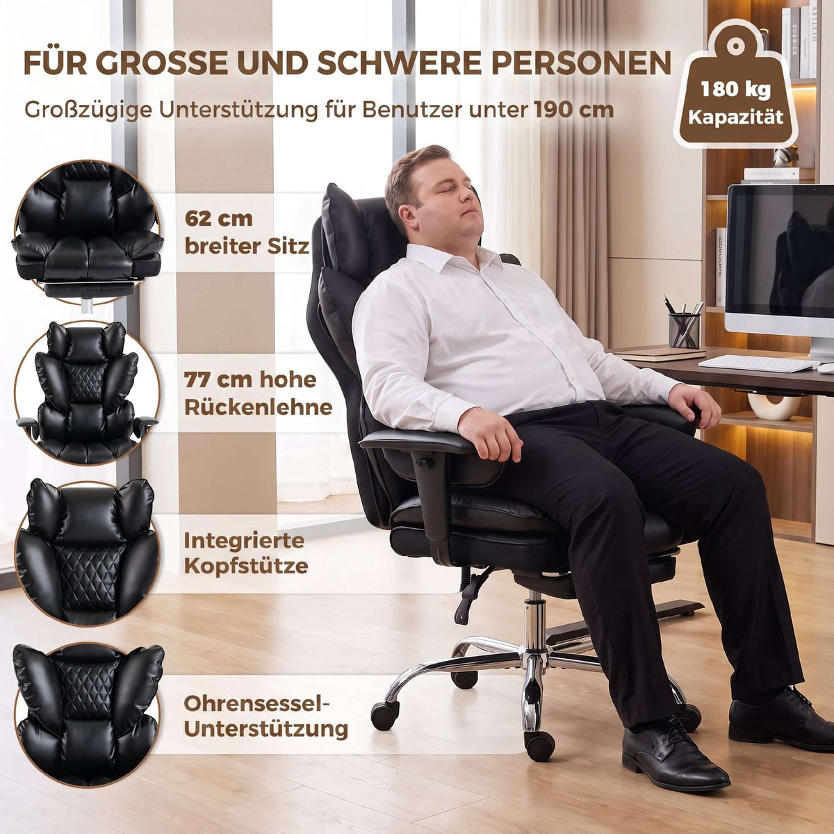 Executive Office Chair, Black Faux Leather, Reclines to 135