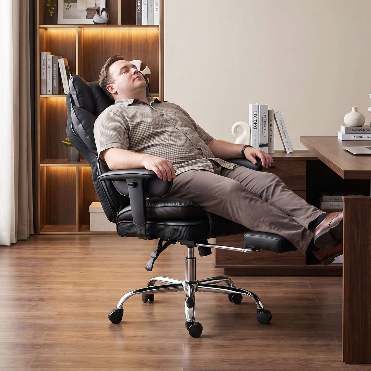 Executive Office Chair, Black Faux Leather, Reclines to 135