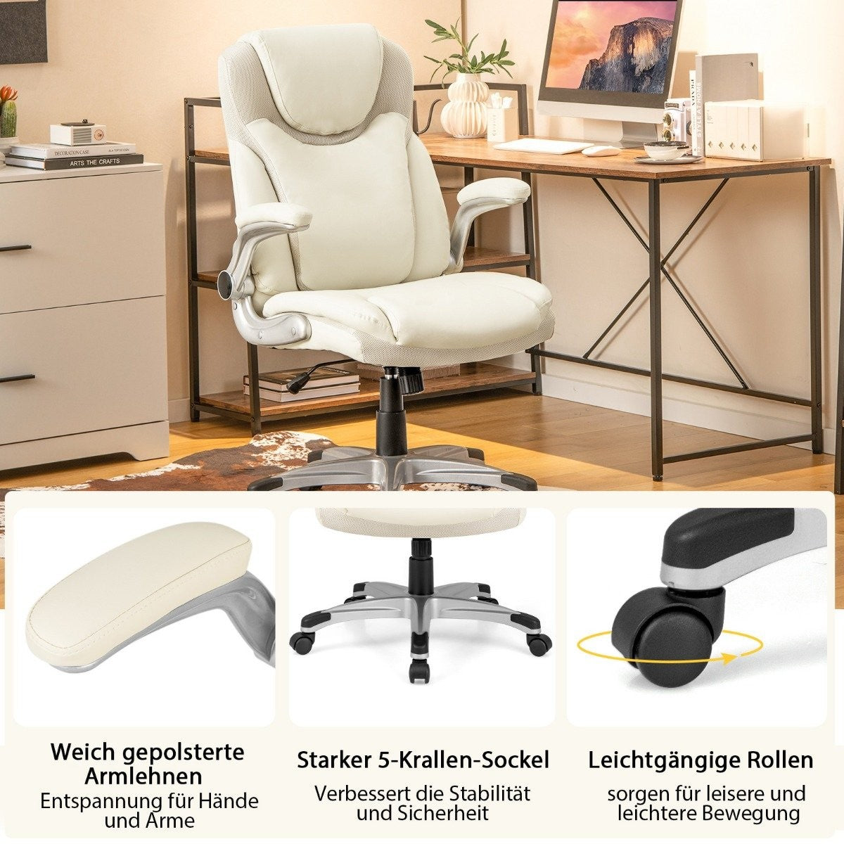 Executive chair swivel desk chair made of faux leather with rocker function 72 x 72 x 108-118 cm white