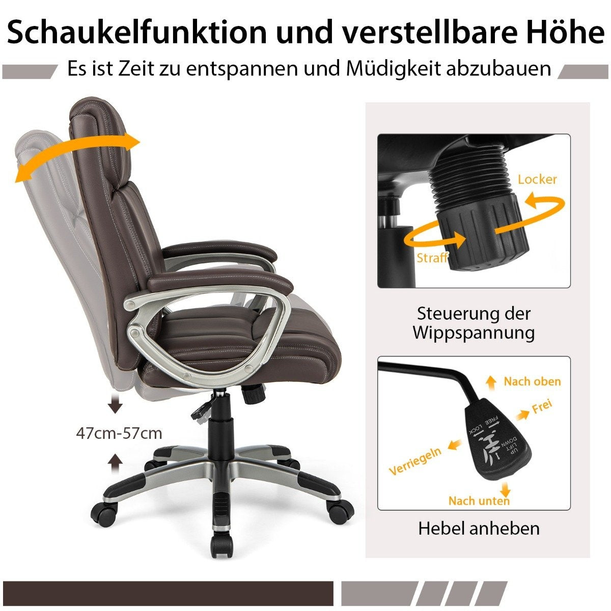 Executive chair swivel desk chair made of faux leather with rocker function and adjustable height 64 x 69 x 106-116 cm brown